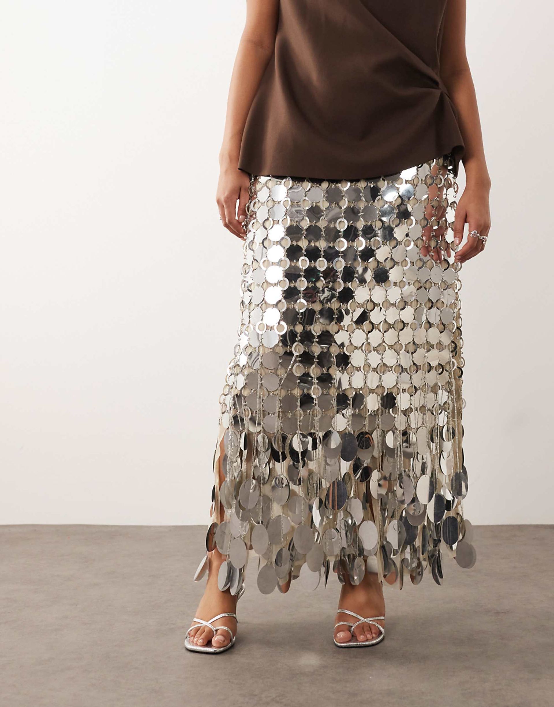 Arrange Curve Futurist Sequin Fringe Hem Midi Skirt in Silver Tone