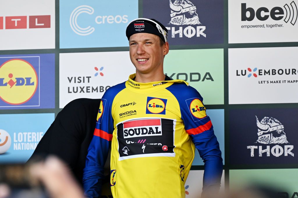 DIEKIRCH LUXEMBOURG SEPTEMBER 20 Mauri Vansevenant of Belgium and Team Soudal QuickStep celebrates at podium as Yellow leader jersey winner during the 84th Tour de Luxembourg 2024 Stage 3 a 2013km stage from Rosport to Diekirch UCIWT on September 20 2024 in Diekirch Luxembourg Photo by Tim de WaeleGetty Images