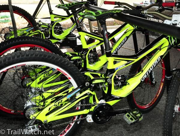 The Monster Energy Specialized downhill bikes practically glow in the dark