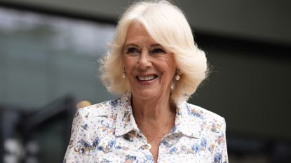 Queen Camilla arrives at the All England Lawn Tennis and Croquet Club on day ten of the 2025 Wimbledon Championships on July 9, 2025
