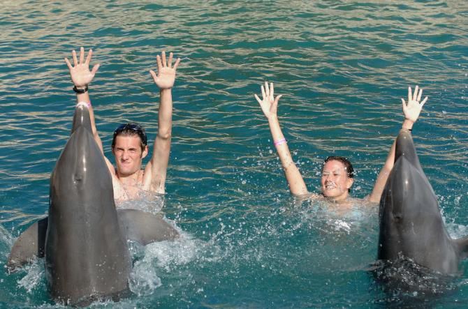 Fr&auml;nk Schleck and girlfriend Martine put their hands up when accosted by the dolphins