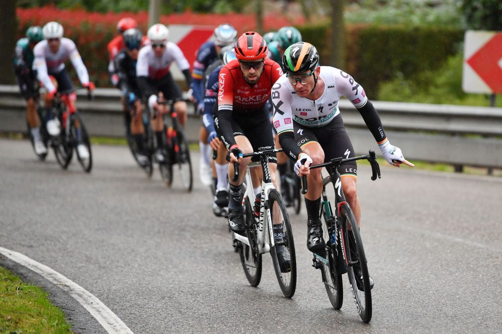 SCHOTEN BELGIUM APRIL 06 LR Daniel Mclay of United Kingdom and Team Arka Samsic and Ryan Mullen of Ireland and Team Bora Hansgrohe compete in the breakaway during the 110th Scheldeprijs 2022 Mens Elite a 1987km one day race from Terneuzen to Schoten SP22 on April 06 2022 in Schoten Belgium Photo by Luc ClaessenGetty Images