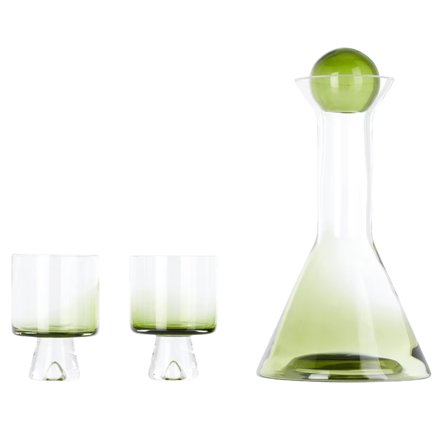 A green set of glasses and a decanter