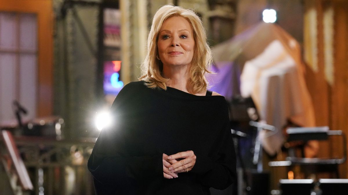 Jean Smart, in a black dress, during Promos in Studio 8H for Saturday Night Live season 50.