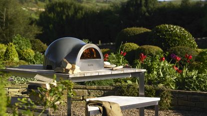 A tabletop pizza oven in front of a garden view with topiary balls