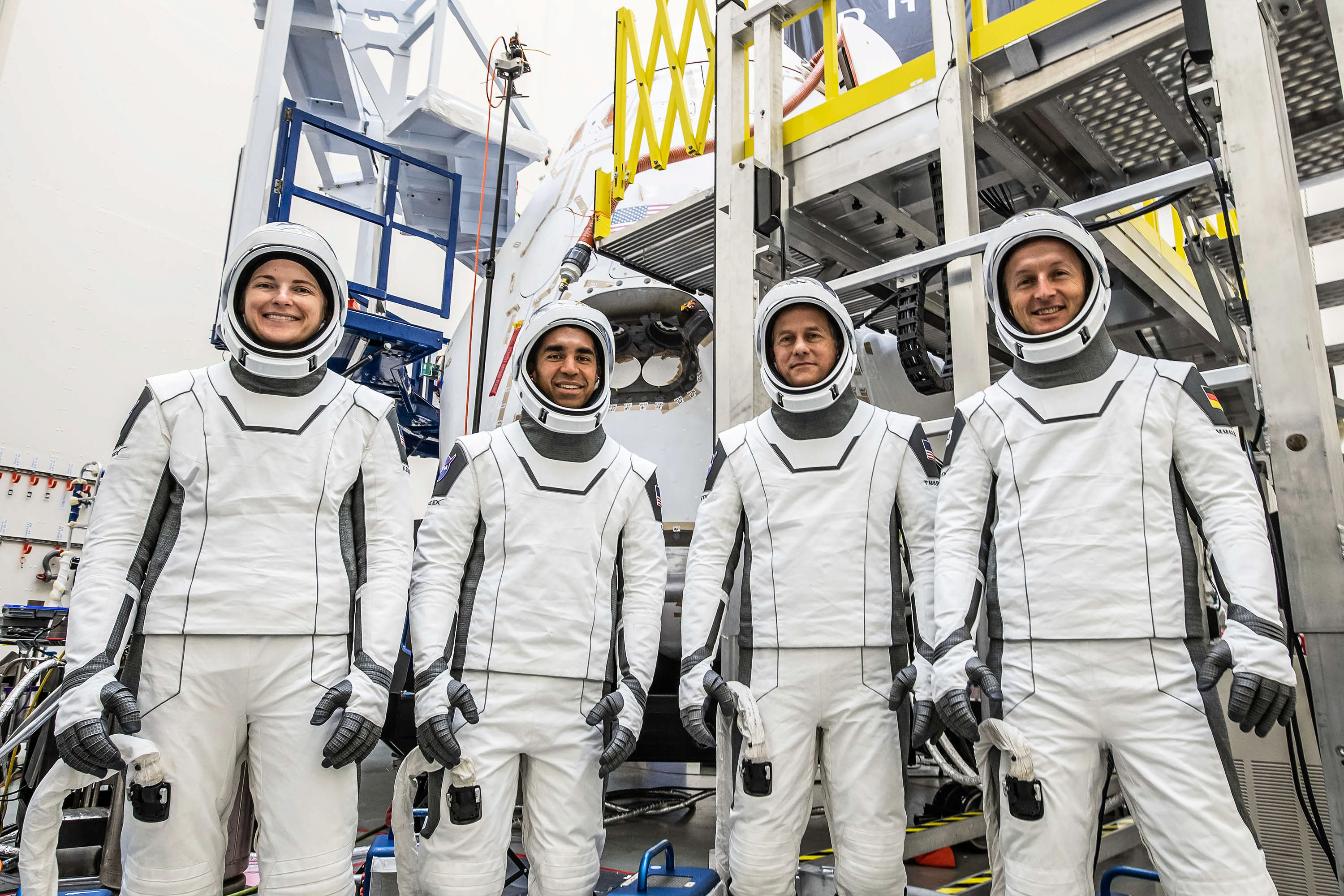 The astronauts of NASA’s SpaceX Crew-3 mission pose for a portrait in their spacesuits during a training session. From left are: NASA astronauts Kayla Barron, Raja Chari, and Thomas Marshburn, and ESA (European Space Agency) astronaut Matthias Maurer.