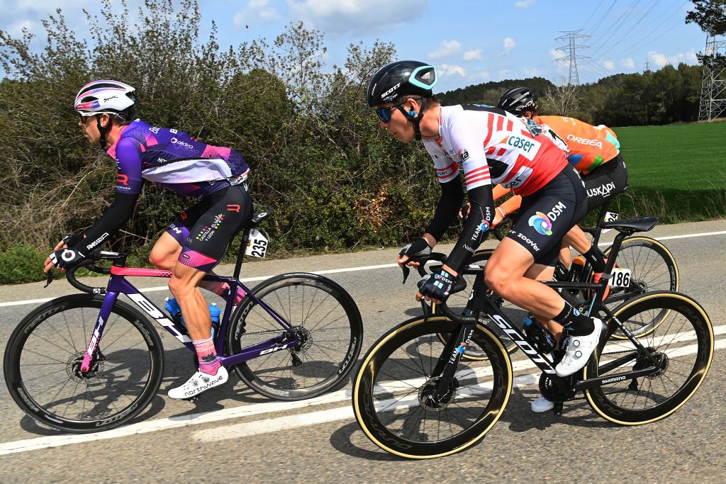 PERPIGNAN FRANCE MARCH 22 LR Adria Moreno of Spain of Spain and Team Burgos BH Jonas Iversby Hvideberg of Norway and Team DSM red mountain jersey and Joan Bou Company of Spain and Team Euskaltel Euskadi compete in the breakaway during the 101st Volta Ciclista a Catalunya 2022 Stage 2 a 2024km stage from LEscala to Perpignan VoltaCatalunya101 WorldTour on March 22 2022 in Perpignan France Photo by David RamosGetty Images