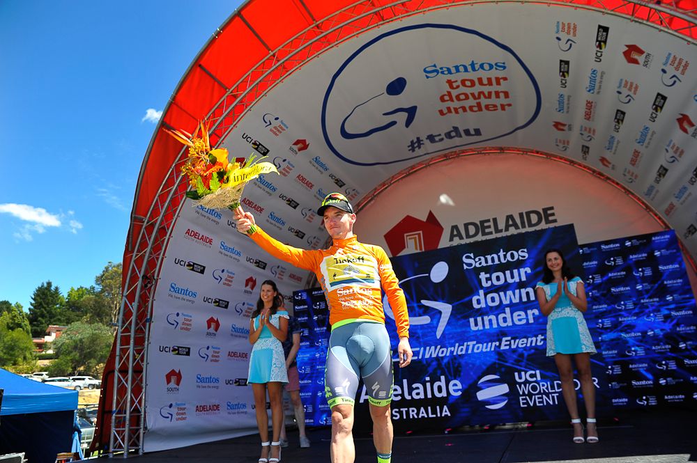 jay McCarthy on the stage 2 podium at the Tour Down Under