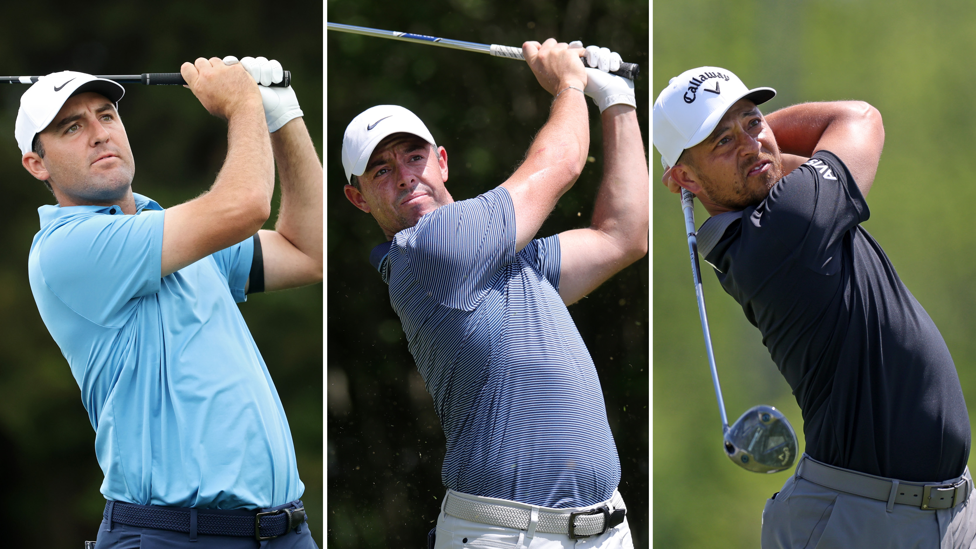 Scottie Scheffler, Rory McIlroy and Xander Schauffele hitting shots