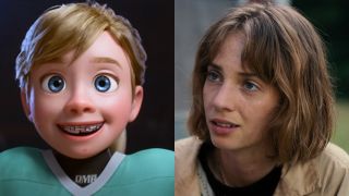 From left to right: Riley smiling in Inside Out 2 and Maya Hawke looking to her left and smiling in Stranger Things.