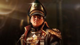 Commissar Dukane from Warhammer 40,000: Darktide. She is sneering at the viewer.