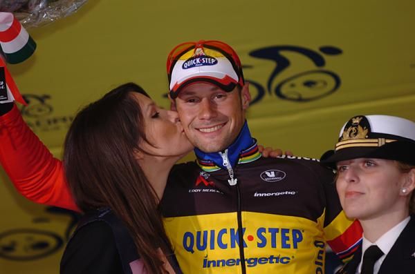 Tom Boonen is congratulated on the podium.