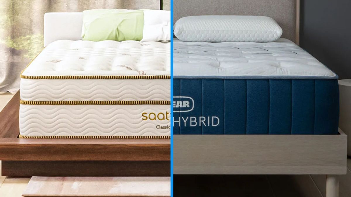 A split screen of the Saatva Classic vs Bear Elite Hybrid Mattress