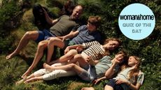 The Prince and Princess of Wales's anniversary photo of the family lying on the grass, with a W&H Quiz of the Day roundel over the top