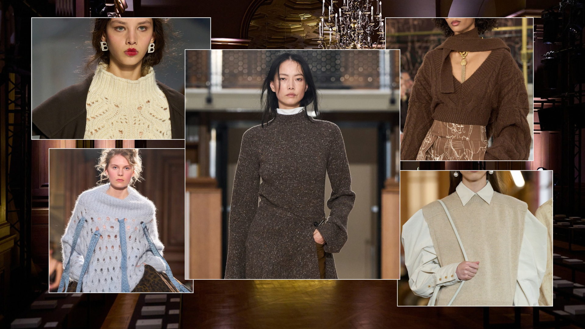 Five images of models from the autumn/winter 2026 runways featuring knitwear trends, such as lace knits, asymmetric knits, knit vets, and deep v-neck knits.