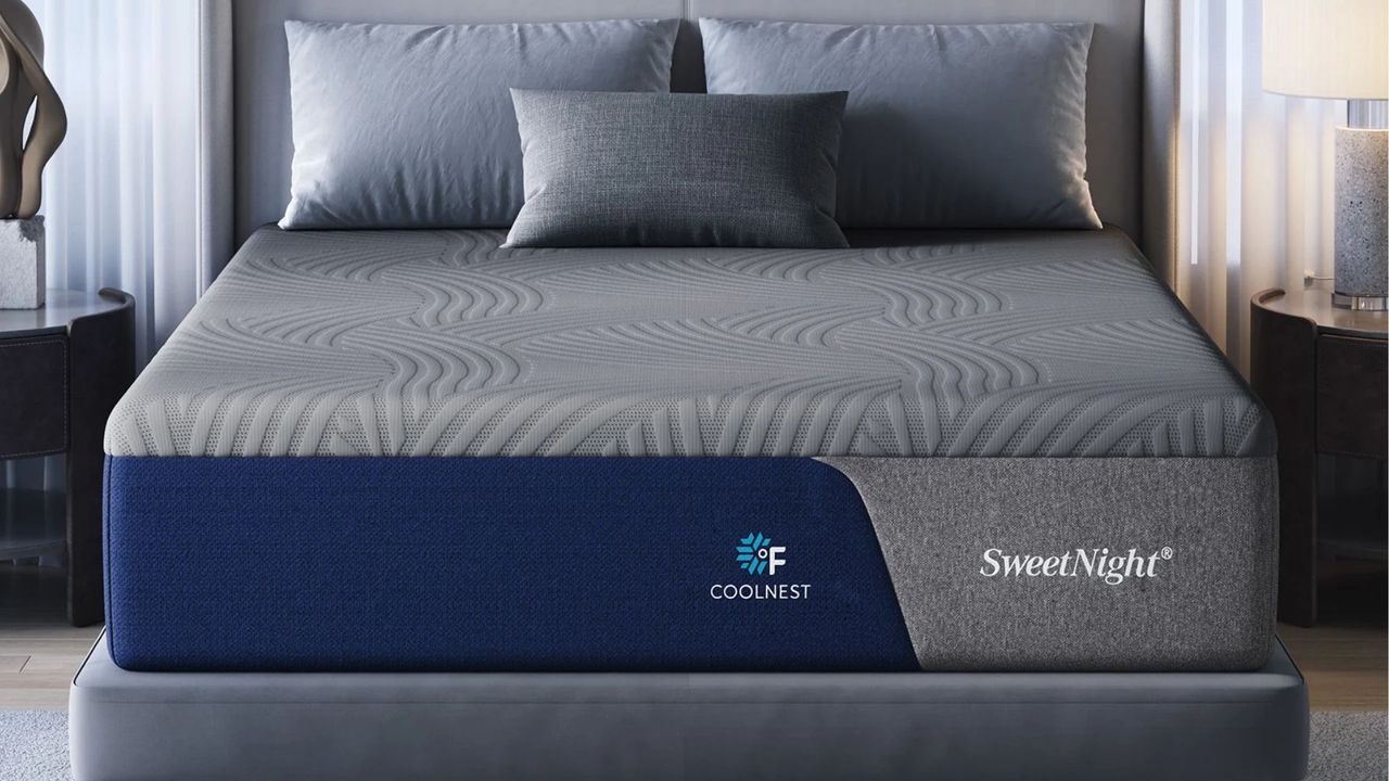 The SweetNight CoolNest Mattress on a grey bed base in a stylish bedroom.