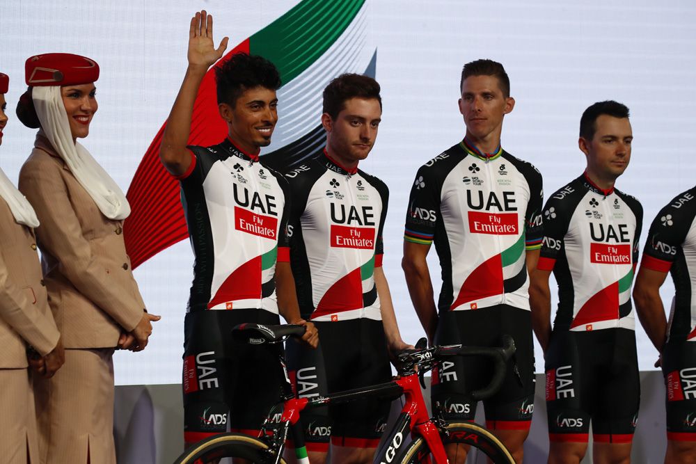 Yousif Mirza (UAE Team Emirates) wavs at the presentation of new sponsor Emirates