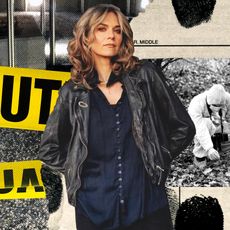 Hilarie Burton Morgan in front of a true crime collage