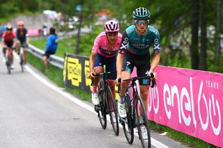 PASSO FEDAIA ITALY MAY 28 LR Richard Carapaz of Ecuador and Team INEOS Grenadiers Pink Leader Jersey and Jai Hindley of Australia and Team Bora Hansgrohe compete during the 105th Giro dItalia 2022 Stage 20 a 168km stage from Belluno to Marmolada Passo Fedaia 2052m Giro WorldTour on May 28 2022 in Passo Fedaia Italy Photo by Tim de WaeleGetty Images