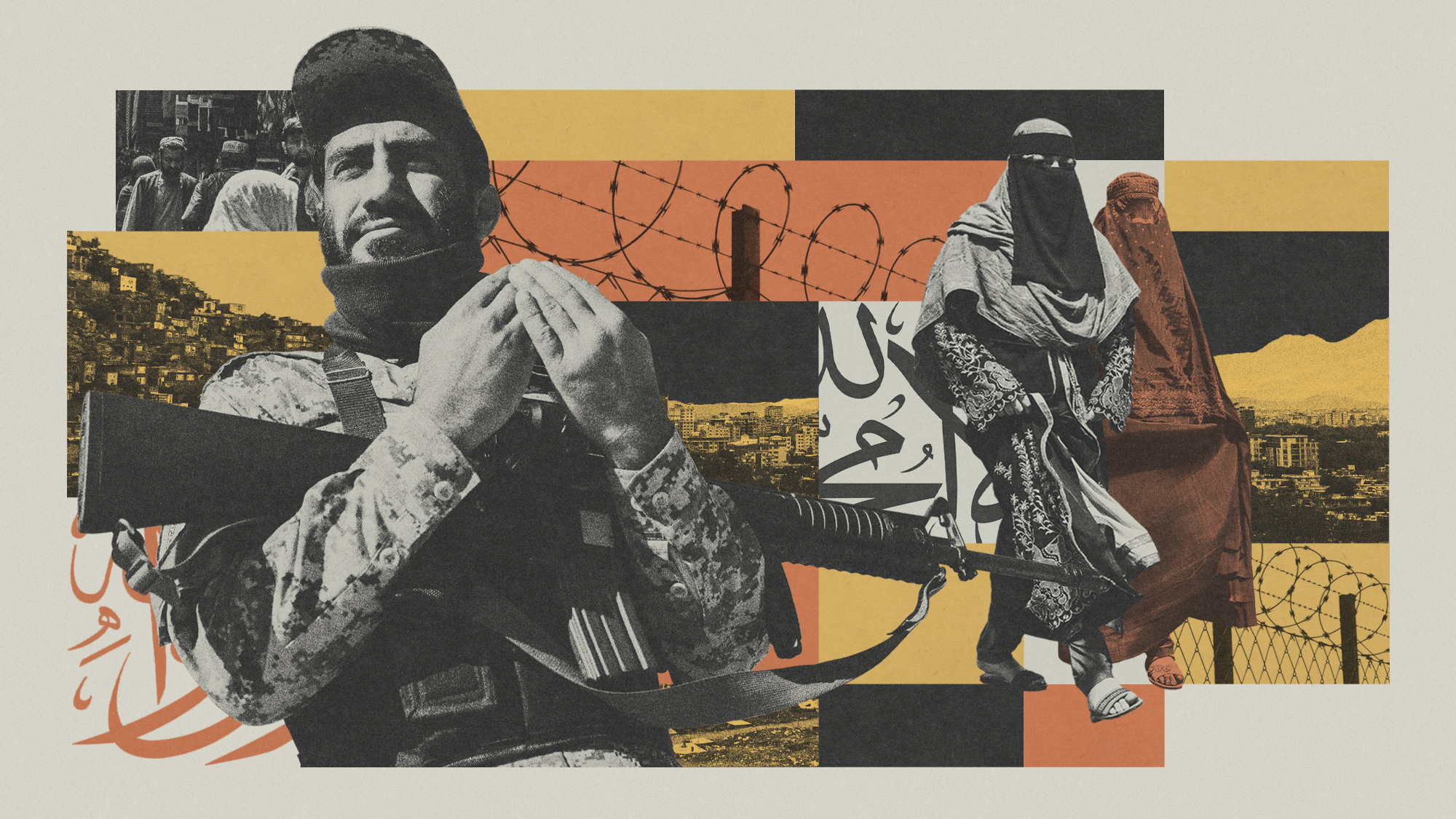 Photo collage illustration of Taliban security personnel, women in burqa and niqab, Kabul, barbed wire and the Taliban flag