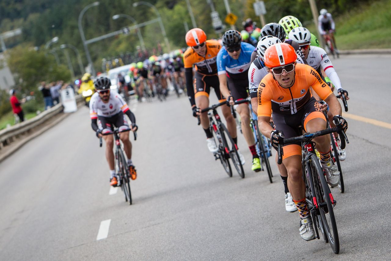 Riders try to split the front of the field on the first climb.