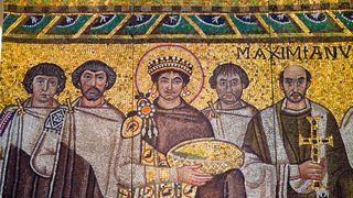 A detailed Byzantine mosaic of five people, with Emperor Justinian in the middle of his retinue.