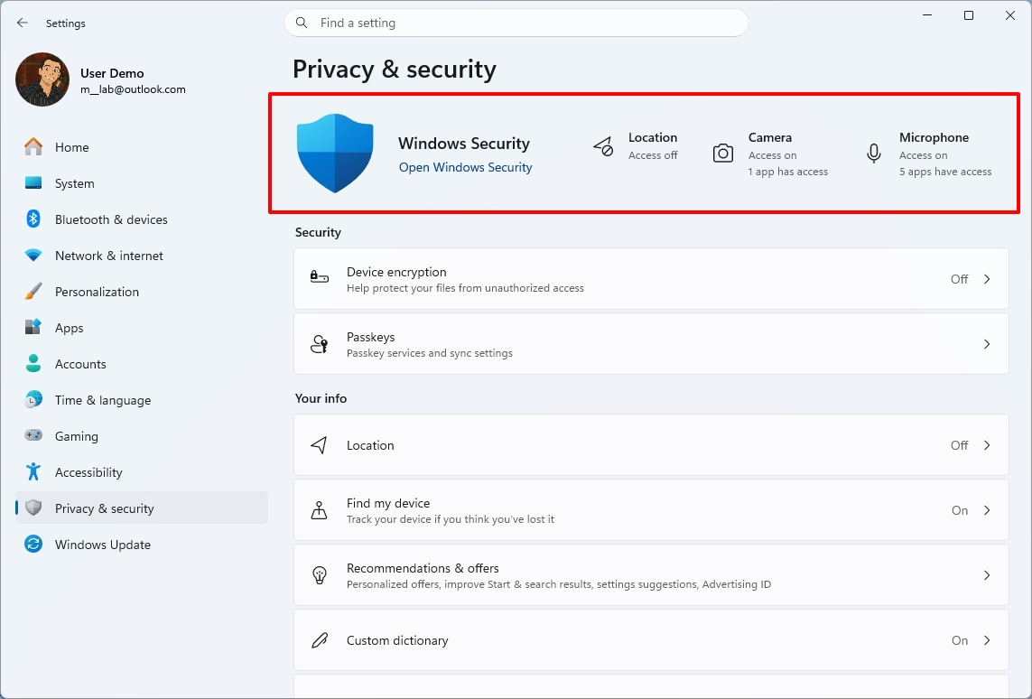 Windows 11 Settings on the Privacy &amp;amp; security page with updated design.