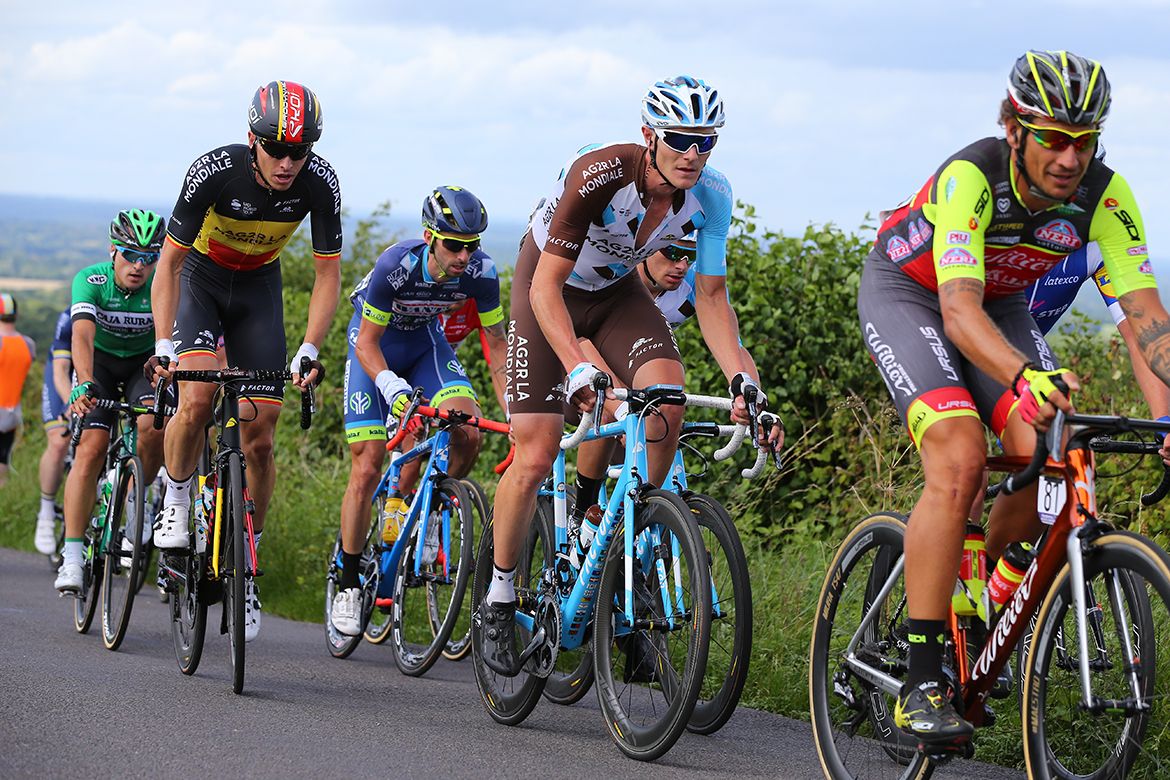 A small split group pushing it on a climb midway through the RideLondon Classic