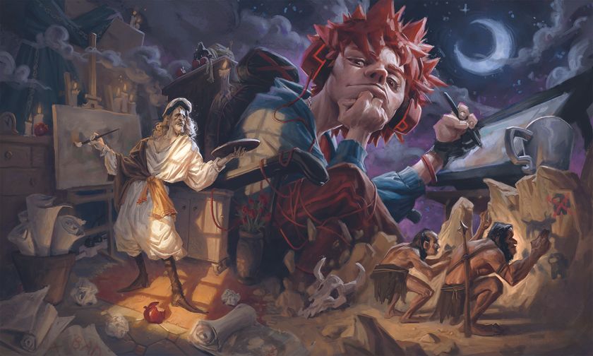 Digital art in a painterly style showing artists painting, from stone age men painting on rocks to a contemporary teenager with spiky hair working on a digital drawing tablet