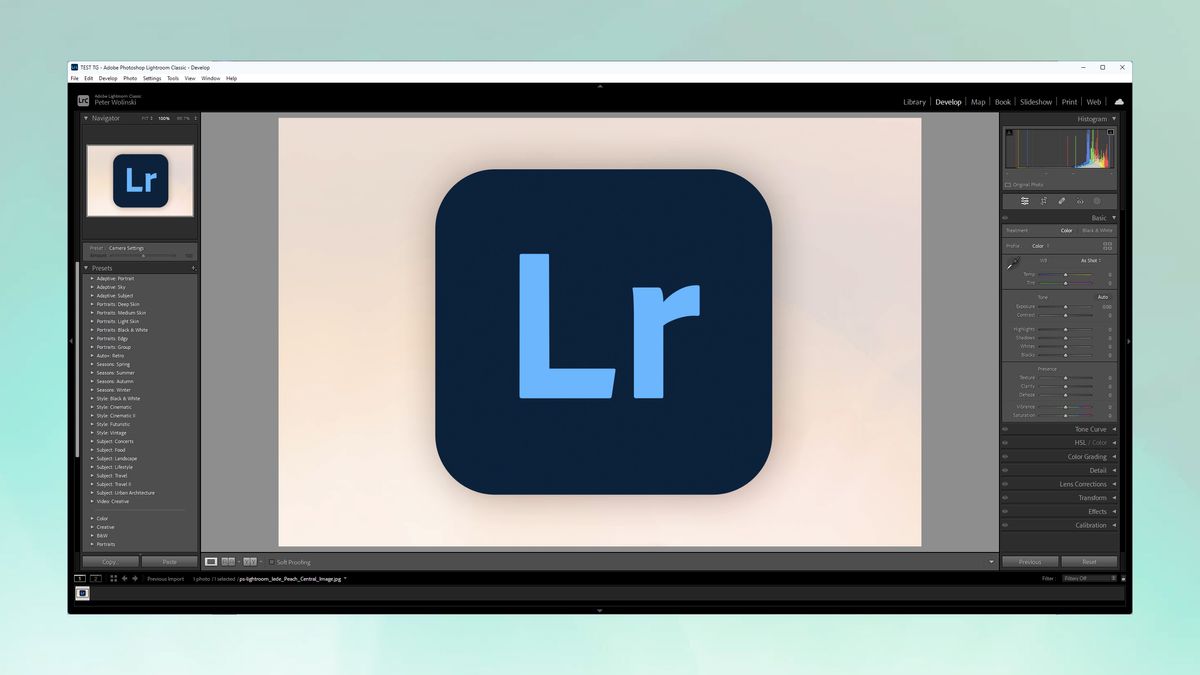 The Adobe Lightroom logo, being edited in Adobe Lightroom, on a teal background