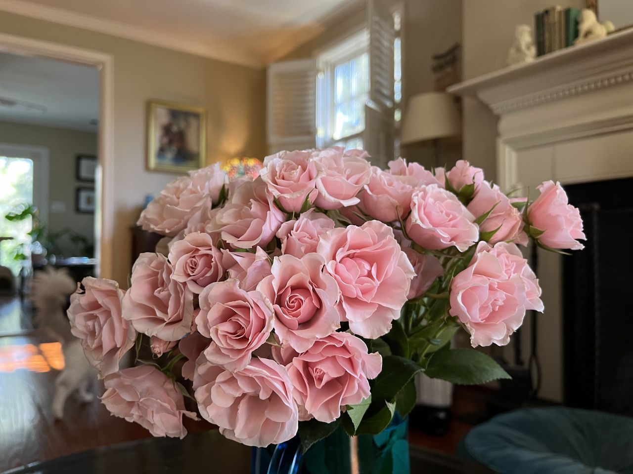 Valentine&#039;s Day gift ideas - A bouquet of pink roses in a living room