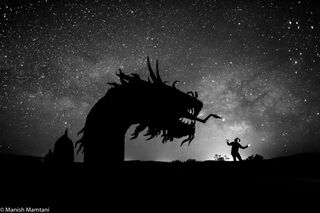 Photographer Manish Mamtani took this selfie with a dragon statue created by Ricardo Creceda during a night sky photo session at Borrego Springs, California on April 17-19, 2015.