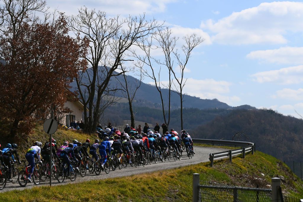 CARPEGNA ITALY MARCH 12 A general view of the peloton competing during the 57th TirrenoAdriatico 2022 Stage 6 a 215km stage from Apecchio to Carpegna 746m TirrenoAdriatico WorldTour on March 12 2022 in Carpegna Italy Photo by Tim de WaeleGetty Images