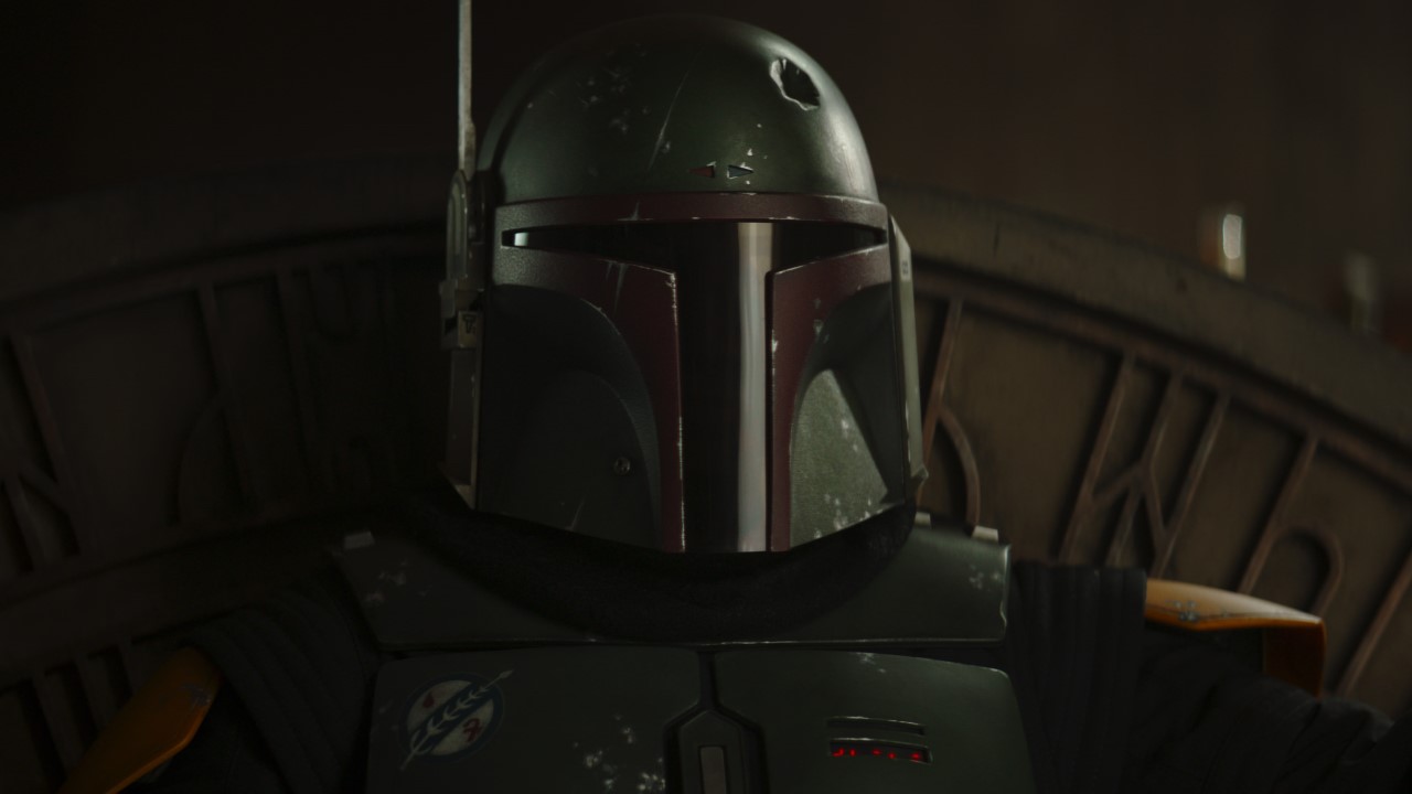boba fett in helmet on the book of boba fett