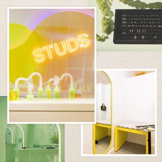 Pictures of a Studs store showing different areas of the shop including the piercing studio and the counter of jewelry products.