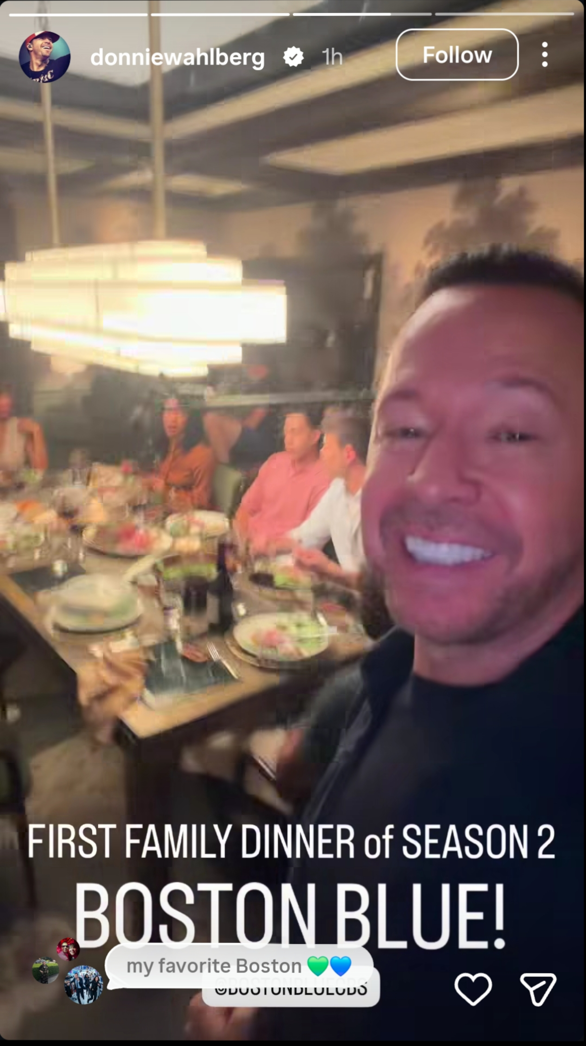 Donnie Wahlberg filming the first family dinner of Season 2 of Boston Blue.