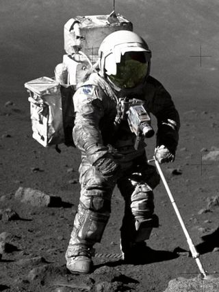 Astronaut-geologist Harrison Schmitt on an Apollo 17 moonwalk in 1972. The cohesive nature of the lunar soil is borne out by the "dirty" sheen of his space suit, later tracked into the nearby lunar module. Apollo crewmembers likened the smell of lunar regolith to spent gunpowder.