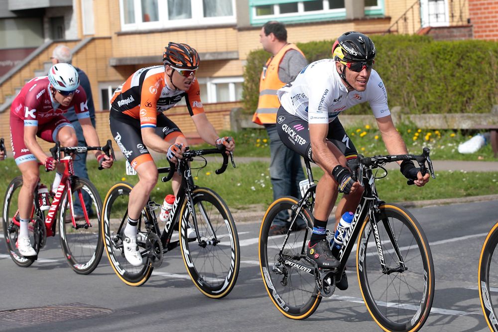 Philippe Gilbert in the leader's jersey during stage 2 at Three Days of De Panne