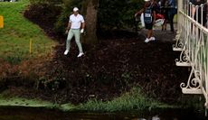 Rory McIlroy looks up whilst stood in a hazard