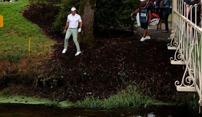 Rory McIlroy looks up whilst stood in a hazard