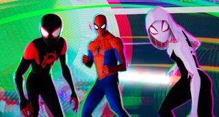 Miles Morales, Spider-Man and Spider Gwen in Spider-Man: Into the Spider-Verse