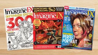 three copies of digital art magazine ImagineFX on a table