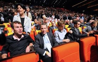 Mark Cavendish (Columbia-HTC) and Lance Armstrong (Astana), l-r, in Paris for the 2010 Tour de France presentation