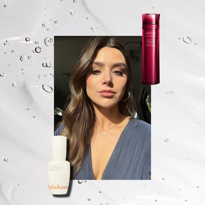 a textured serum background with a girl with brown hair in the middle next to a white serum bottle and a red serum bottle
