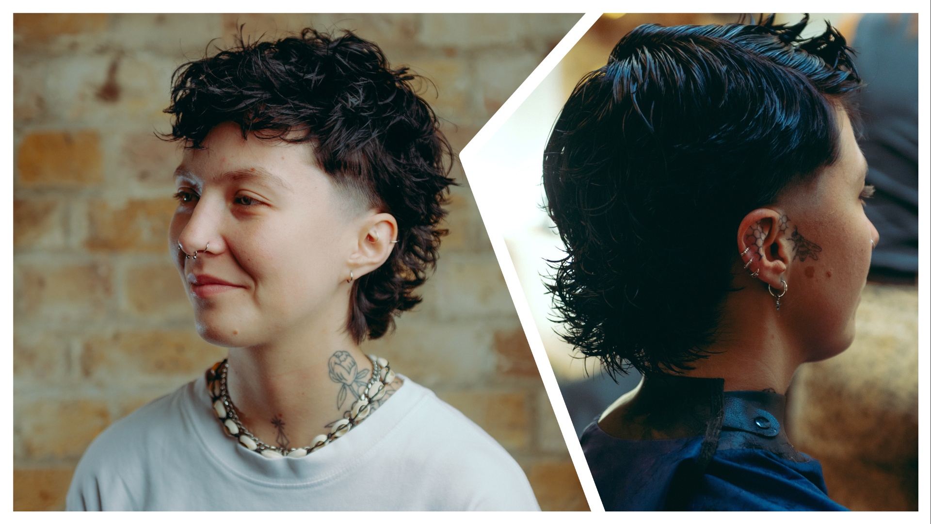A mullet hairstyle, shown front and back