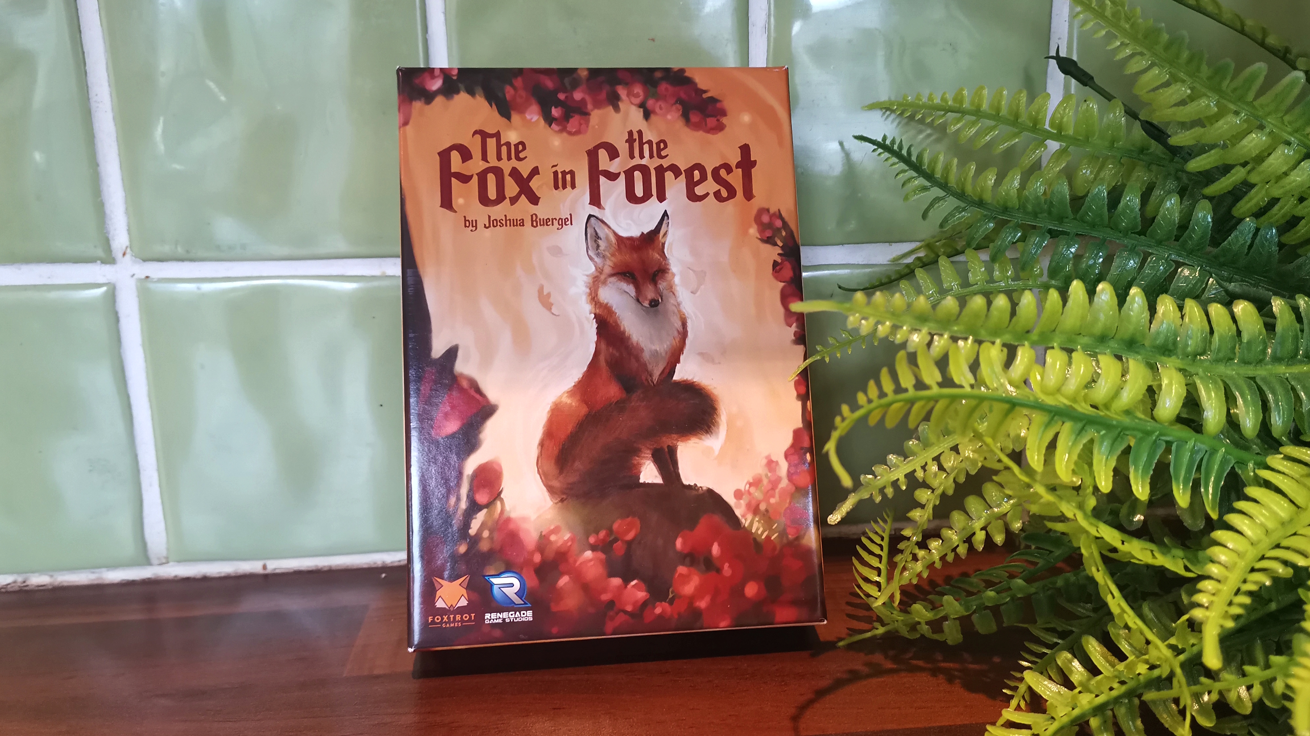Fox in the Forest box on a wooden table, leaning against green tiles