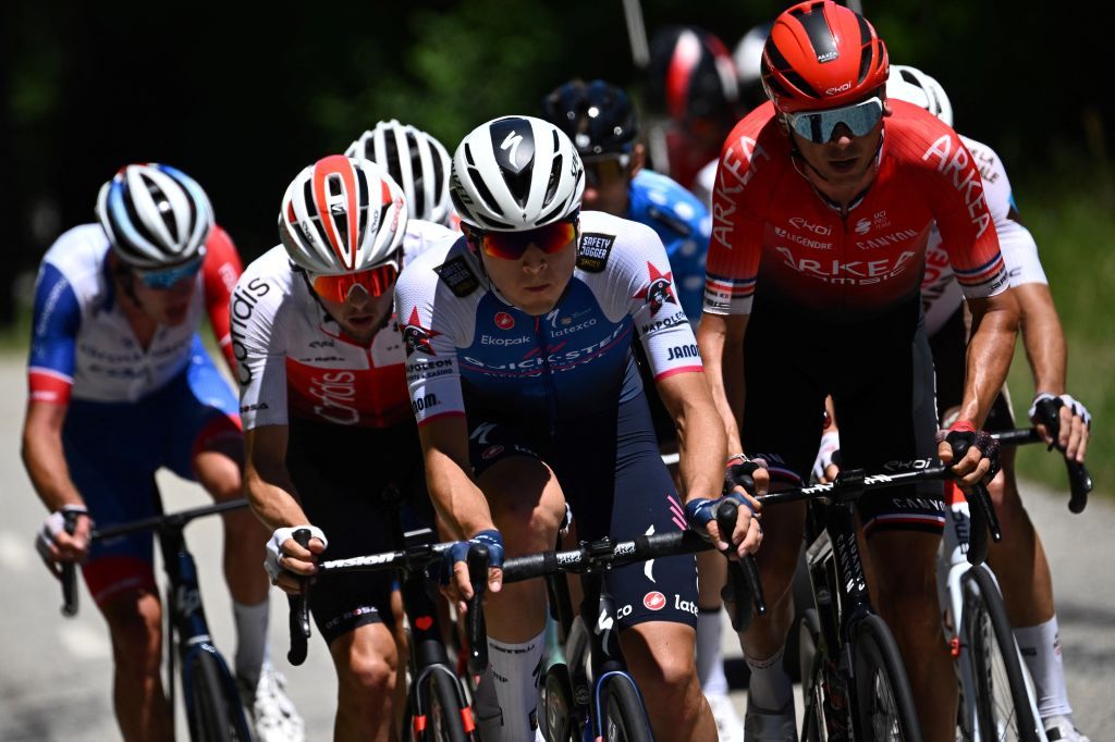 Team ArkeaSamsic teams French rider Warren Barguil R and QuickStep Alpha Vinyl teams italian rider Andrea Bagioli C ride in a breakaway during the sixth stage of the 74th edition of the Criterium du Dauphine cycling race 1965 km between Rives and Gap central eastern France on June 10 2022 Photo by Marco BERTORELLO AFP Photo by MARCO BERTORELLOAFP via Getty Images