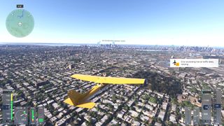 New York City in Microsoft Flight Simulator 2024 with "Error accessing live air traffic data, retrying..." message