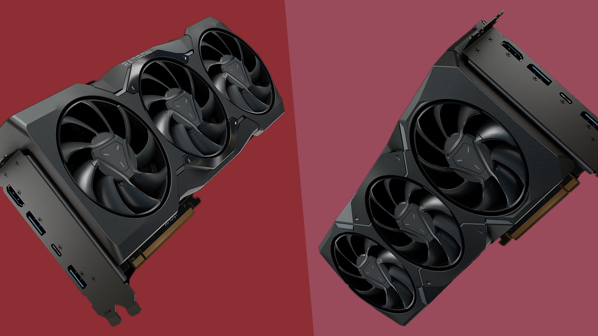 An AMD Radeon RX 7900 XTX and RX 7900 XT against a two-tone red background