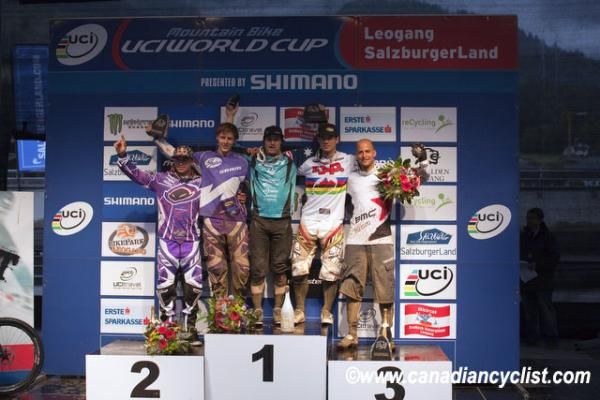 Men's 4X podium (L to R) Michal Prokop (4th), David Graf (2nd), Jared Graves (1st), Tomas Slavik (3rd), Roger Rinderknecht (5th)